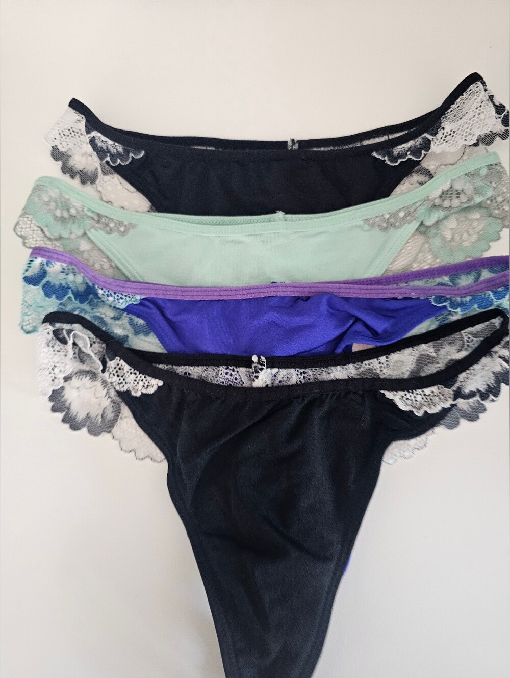 Candie's Lace-Trim Thong Set - Black, Mint, Purple